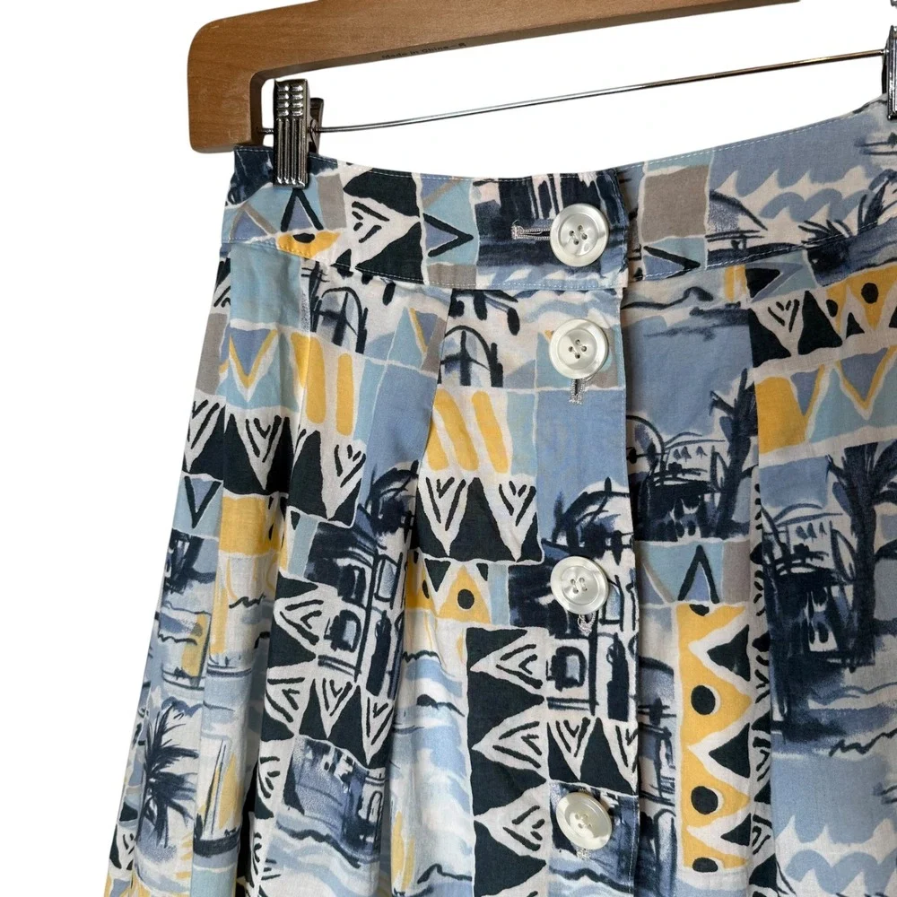 Feneuve Design Cotton Travel Motif Print Midi A-Line Button Skirt sz 40 / US 2